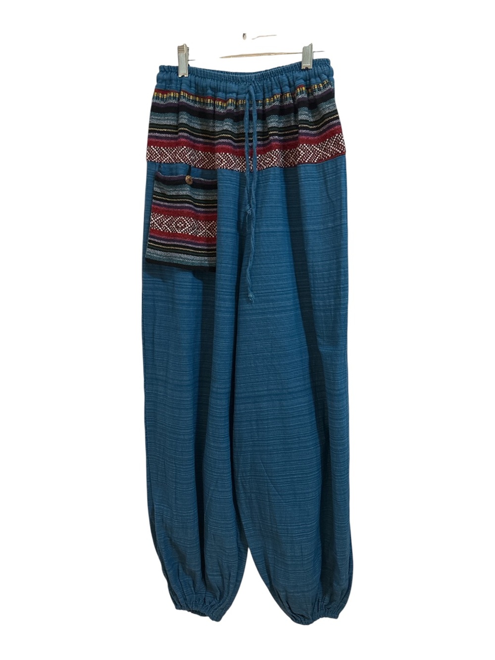 WOMENS DRAWSTRING PINSTRIPES COTTON PANTS w/ AZTEC POCKET IN TURQUOISE OS/MED